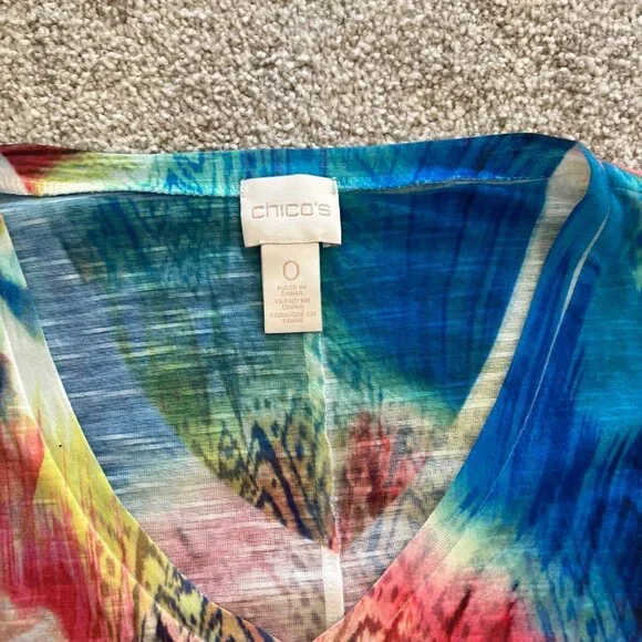 Y2k Floral Vibrant Artsy Asymmetrical Hem Colorful Flowy Tunic Top w Rhinestones - Picture 4 of 9